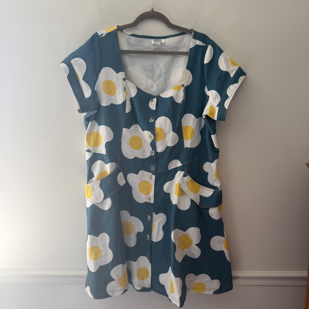 Unique Vintage Teal Daisy Egg Print Button Front Denim Mini Dress Plus Sz 3X/20